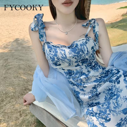 French Vintage Floral Straps Dress Women Summer New Fishtail Long Dress Ladies Elegant Ruffle Sleeveless Dress