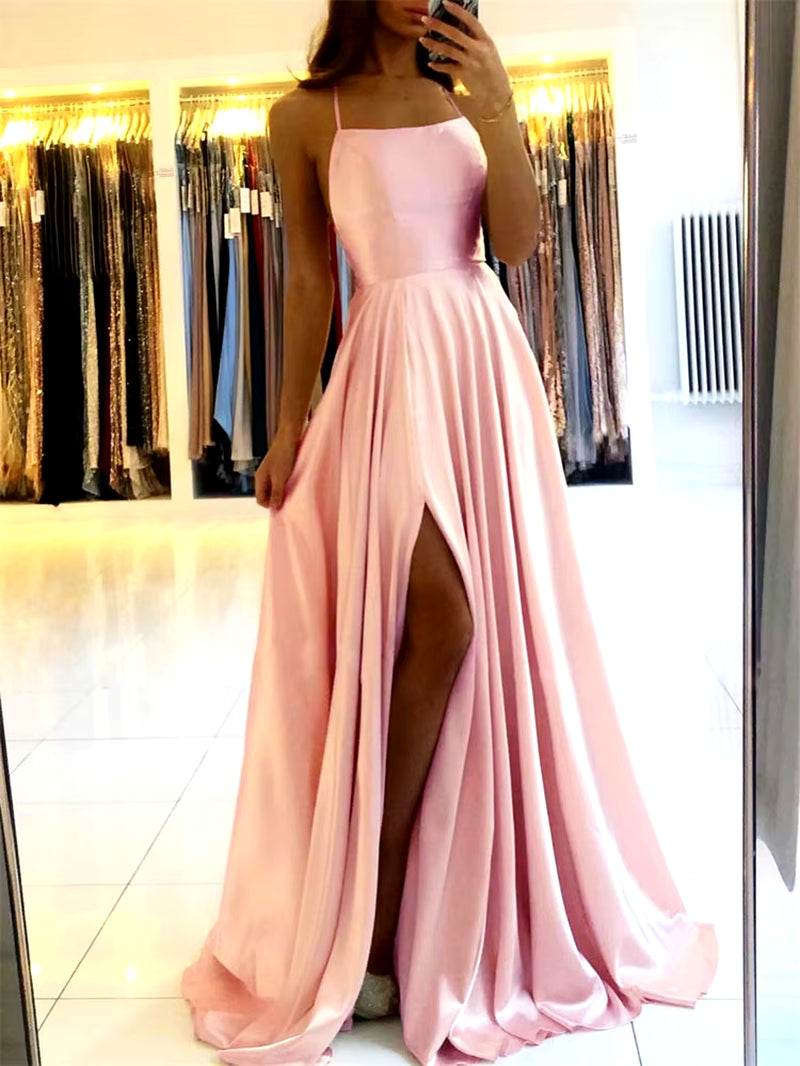 Burgundy Satin Maxi — Side-Slit Evening Dress