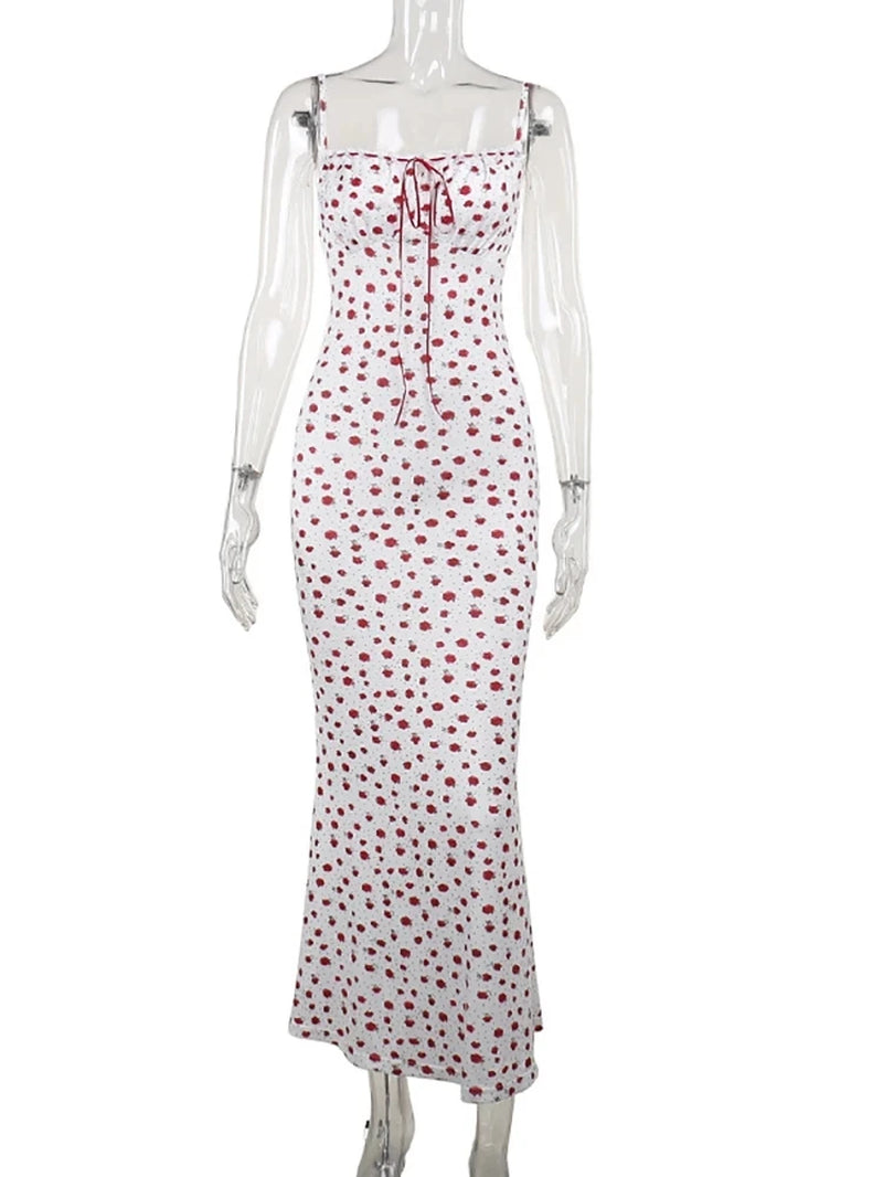 Sexy Backless Print Floral Women Maxi Dress White Spaghetti Strap Evening Dress Elegant Party Clubwear