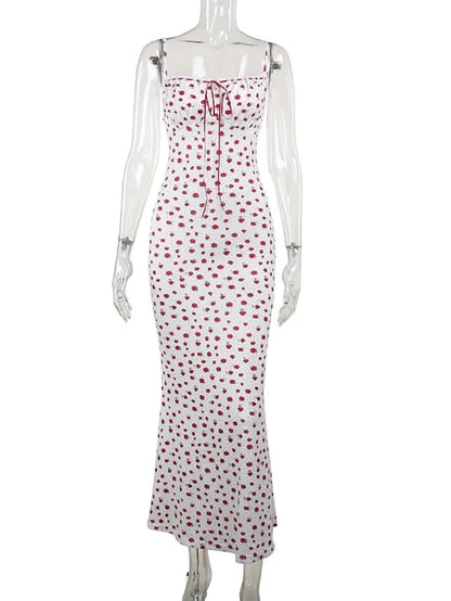 Sexy Backless Print Floral Women Maxi Dress White Spaghetti Strap Evening Dress Elegant Party Clubwear