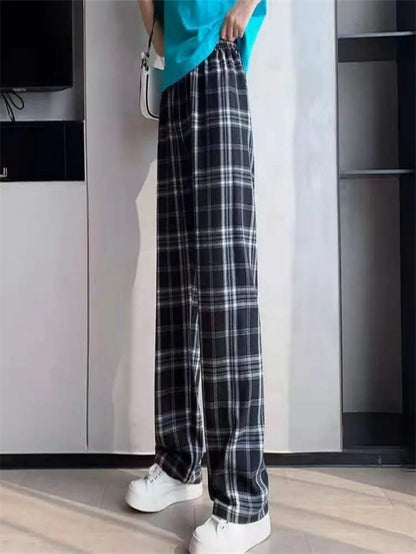 Plaid Pants Women Casual Loose Wide Leg Trousers Retro Straight Trousers Streetwear