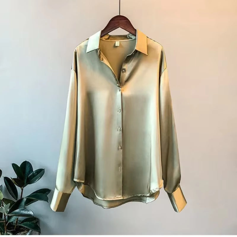 Silk Korean Office Ladies Elegant Shirt Blouse Women Fashion Button up Satin Shirt Vintage