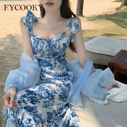 French Vintage Floral Straps Dress Women Summer New Fishtail Long Dress Ladies Elegant Ruffle Sleeveless Dress