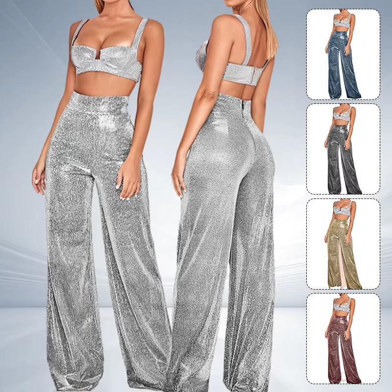 Disco Shine Palazzo Pants — Metallic Wide-Leg Trousers