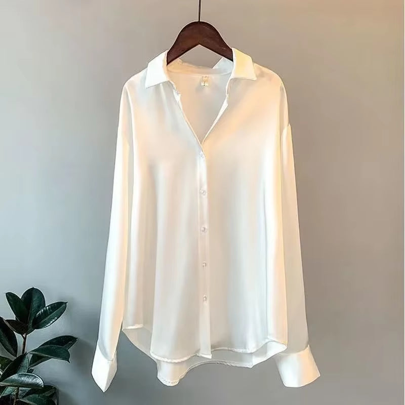 Silk Korean Office Ladies Elegant Shirt Blouse Women Fashion Button up Satin Shirt Vintage