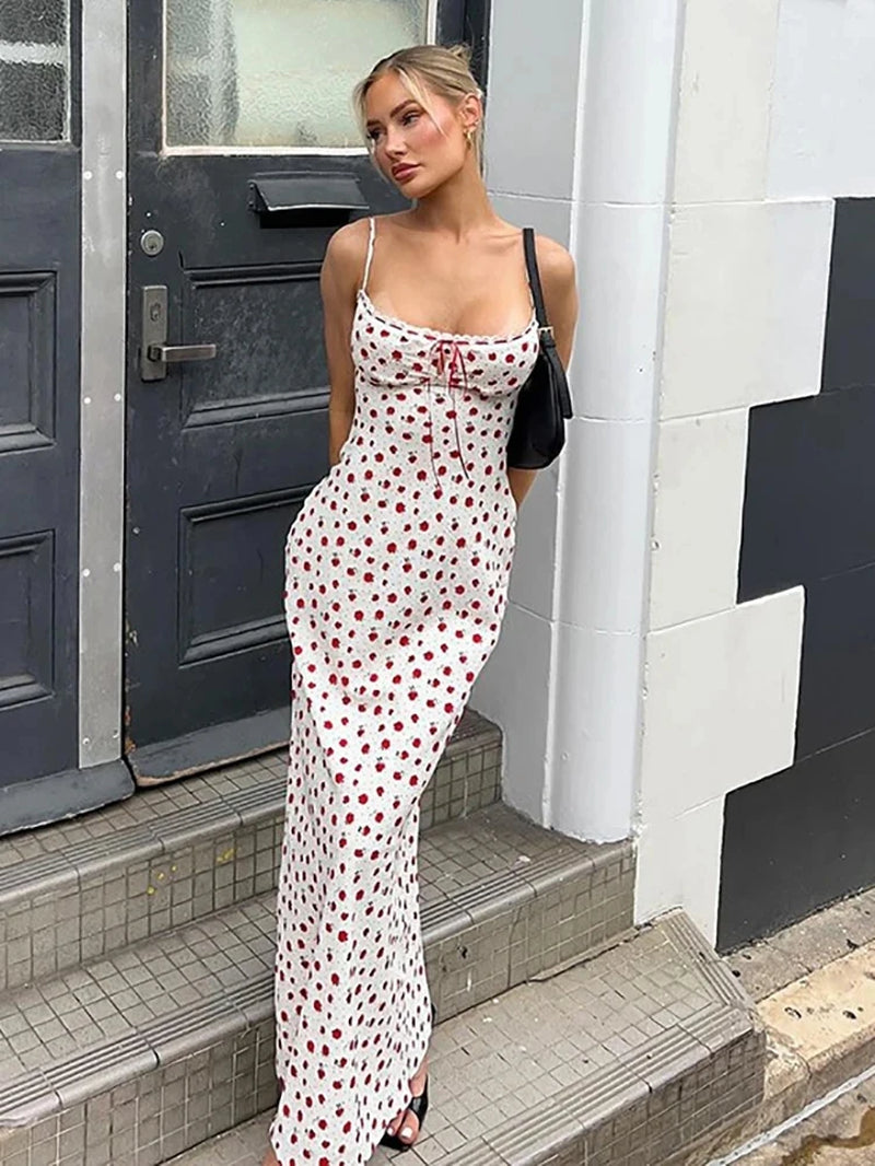 Sexy Backless Print Floral Women Maxi Dress White Spaghetti Strap Evening Dress Elegant Party Clubwear