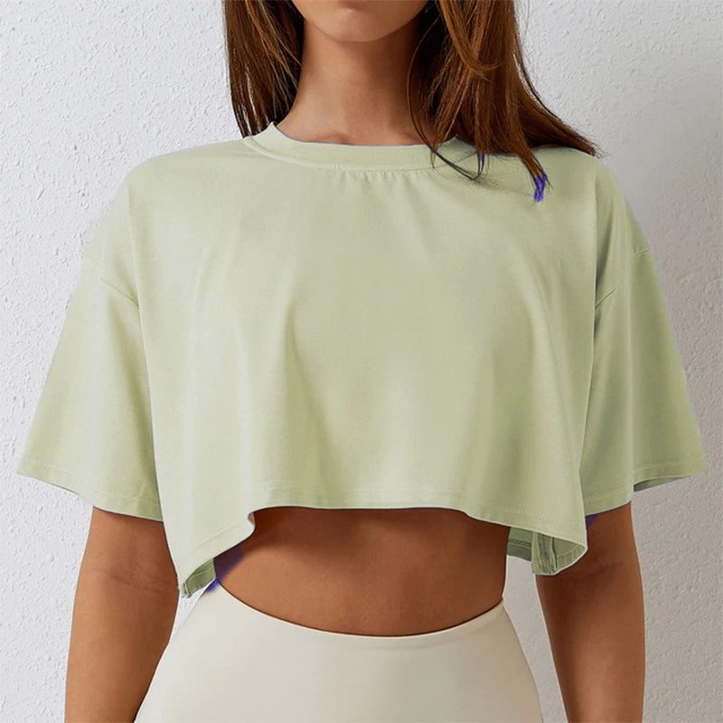 Cotton Women Short Sleeve Dance Running Clothes Yoga Fitness Crop Top Navel Baring New Sport T-Shirt Loose Gym Workout Shirts