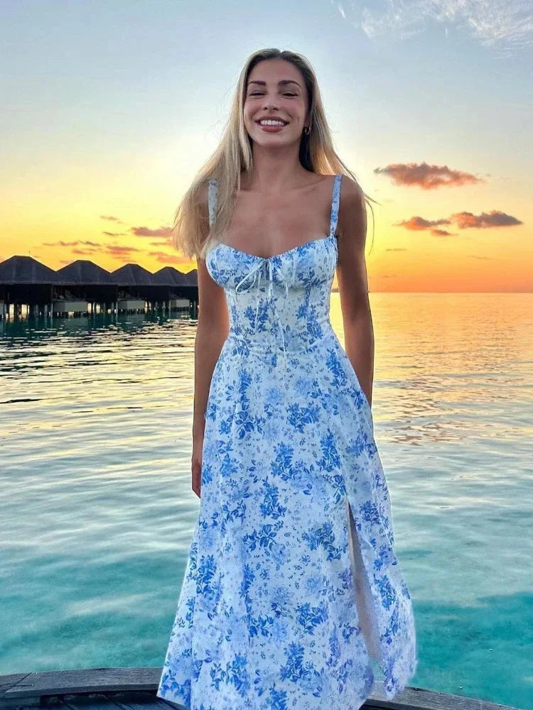 Women'S Summer Floral Print Dresses Sweet Elegant Midi Holiday Dress Casual Slit Blue Lace up Dresses 2023