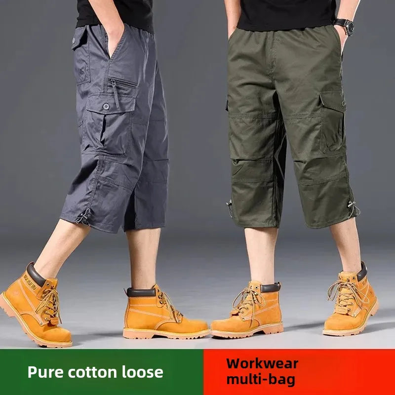 Summer Loose-Fit plus Size Men'S Cargo Pants Multiple Pockets Outdoor Casual Seven-Point Pants Men'S Shorts