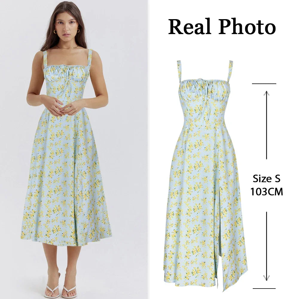 Women'S Summer Floral Print Dresses Sweet Elegant Midi Holiday Dress Casual Slit Blue Lace up Dresses 2023