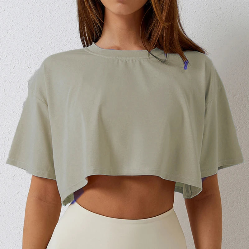 Cotton Women Short Sleeve Dance Running Clothes Yoga Fitness Crop Top Navel Baring New Sport T-Shirt Loose Gym Workout Shirts