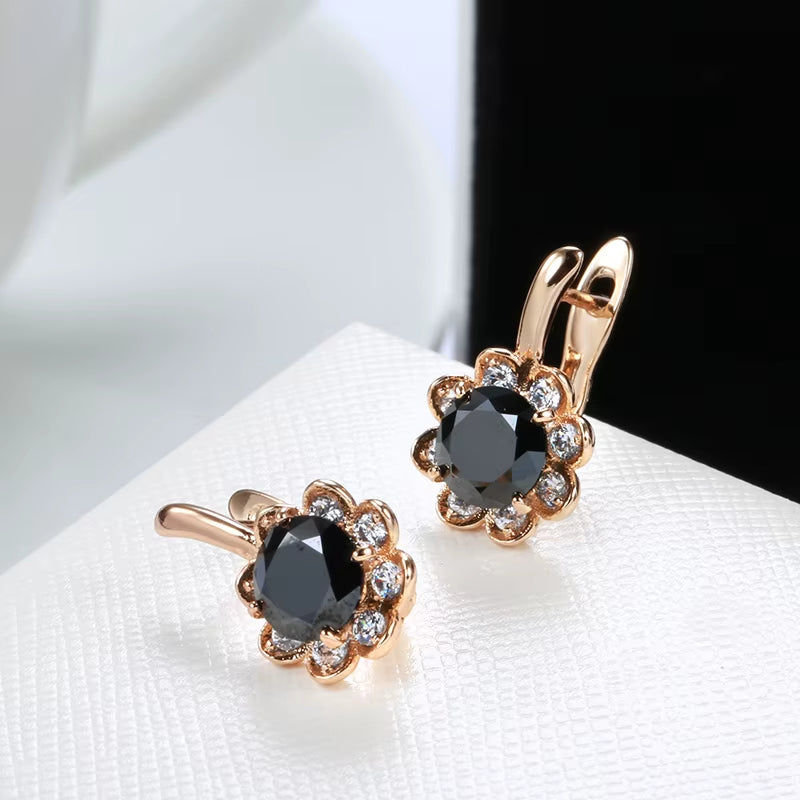 New 585 Rose Gold Pendant Earrings Center Inlay Black Zircon Flower Pierced Earrings Women Fashion
