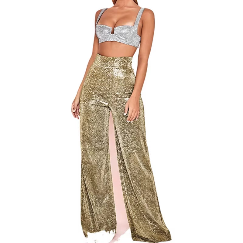 Disco Shine Palazzo Pants — Metallic Wide-Leg Trousers