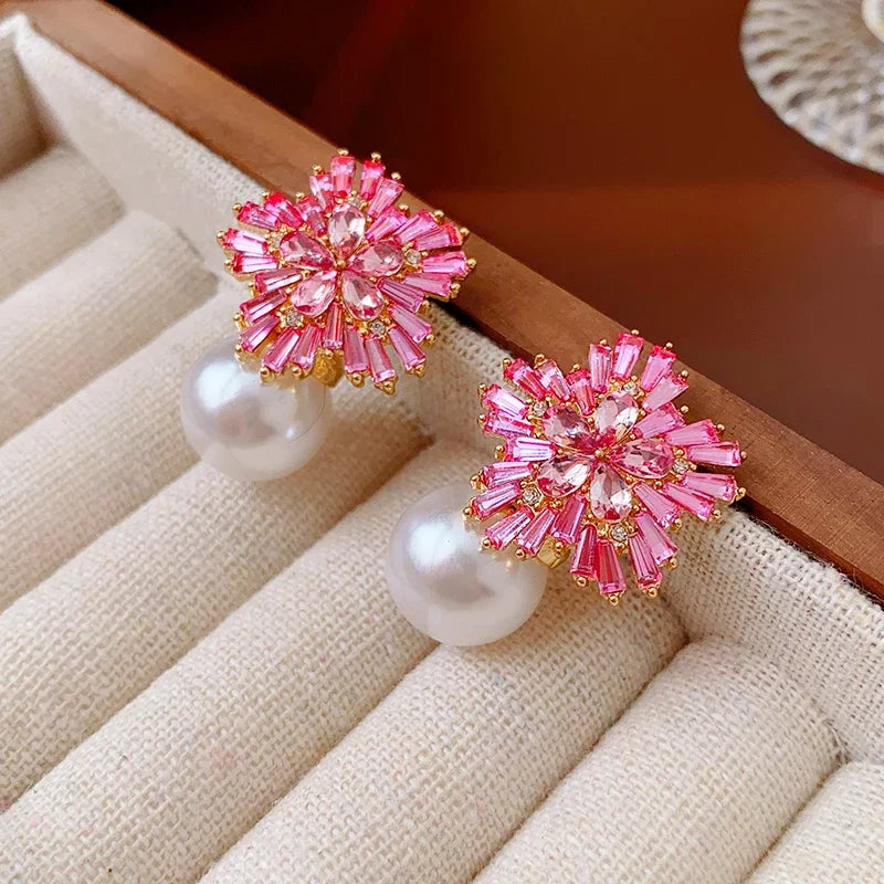 Light Luxury Imitation Pearl Earrings Women Fashion Zircon Crystal Snowflake Stud Earrings Jewelry Party Wedding