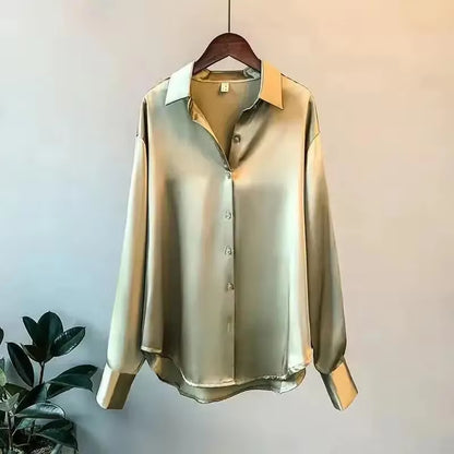 Silk Korean Office Ladies Elegant Shirt Blouse Women Fashion Button up Satin Shirt Vintage