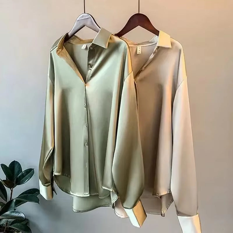 Silk Korean Office Ladies Elegant Shirt Blouse Women Fashion Button up Satin Shirt Vintage