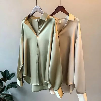 Silk Korean Office Ladies Elegant Shirt Blouse Women Fashion Button up Satin Shirt Vintage