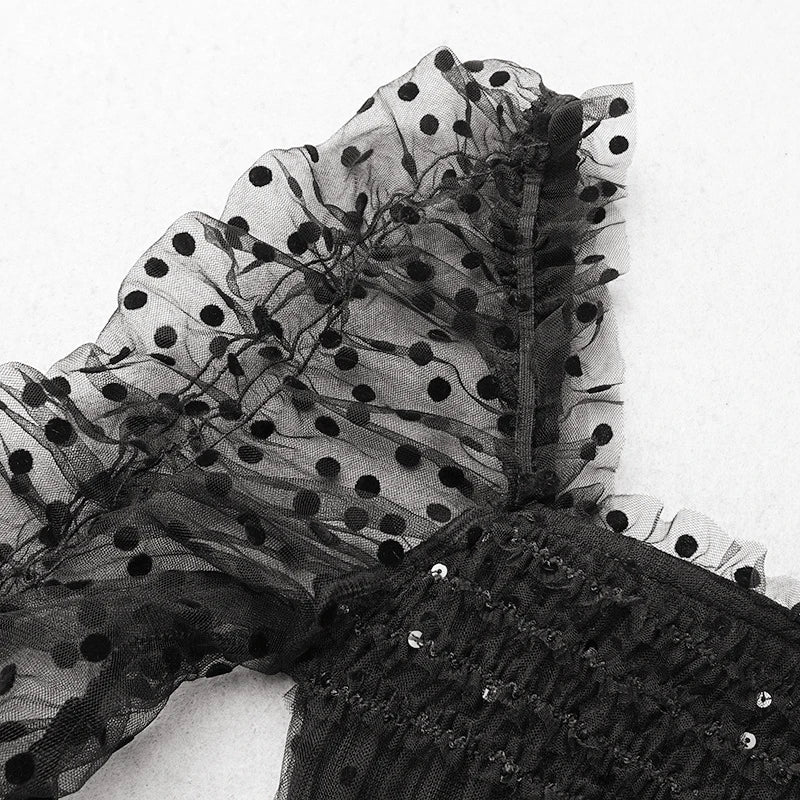 Noir Sequin Midi — Mesh Splicing Party Dress