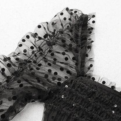 Noir Sequin Midi — Mesh Splicing Party Dress