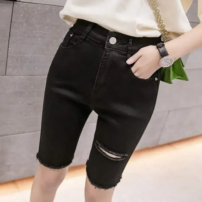 Black White Straight Stretch Denim Shorts Women Midi Jeans Summer Shorts Streetwear Hole Ripped High Waist Shorts