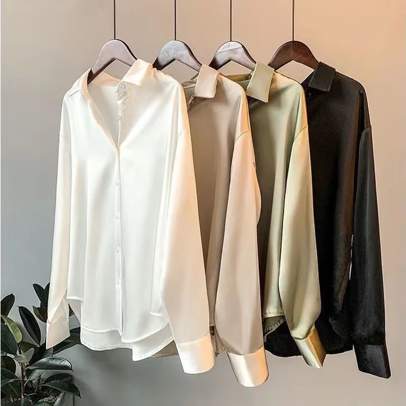Silk Korean Office Ladies Elegant Shirt Blouse Women Fashion Button up Satin Shirt Vintage