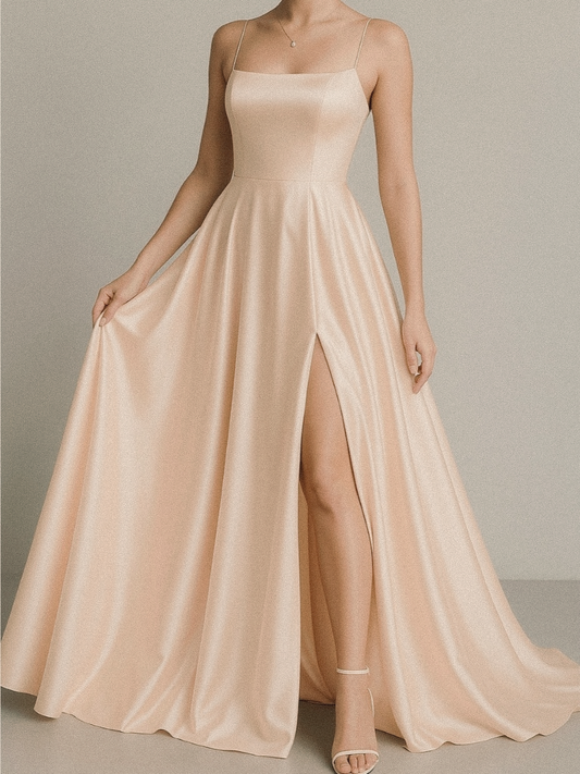 Burgundy Satin Maxi — Side-Slit Evening Dress