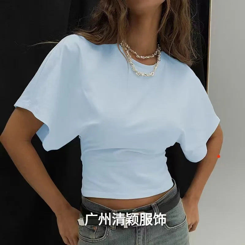 Women'S T-Shirts Crew Neck Ruched Waist Slim Fit Solid Color Casual Cropped Tee Summer Streetwear Basic Daily Wear Top