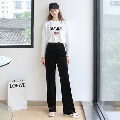 Women'S Pants Straight Female Trousers Wide Leg Korean Style Fashion Streetwear Vintage Velvet Casual Loose Pants Suits Office
