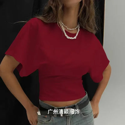 Women'S T-Shirts Crew Neck Ruched Waist Slim Fit Solid Color Casual Cropped Tee Summer Streetwear Basic Daily Wear Top