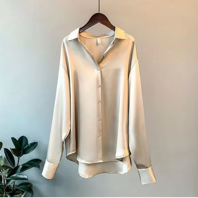 Silk Korean Office Ladies Elegant Shirt Blouse Women Fashion Button up Satin Shirt Vintage