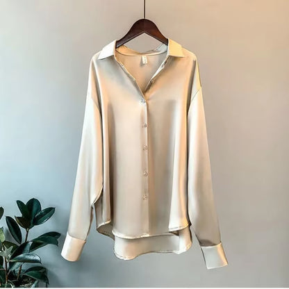 Silk Korean Office Ladies Elegant Shirt Blouse Women Fashion Button up Satin Shirt Vintage