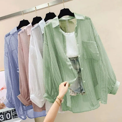 Summer Sunscreen Shirt Elegant Perspective Thin Chiffon Blouse Korean Harajuku See through Loose Top Casual Women'S Cardigan