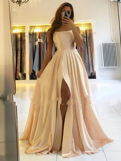 Burgundy Satin Maxi — Side-Slit Evening Dress