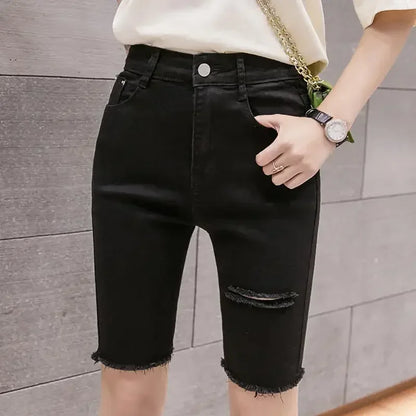 Black White Straight Stretch Denim Shorts Women Midi Jeans Summer Shorts Streetwear Hole Ripped High Waist Shorts