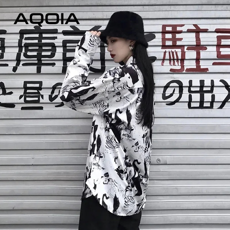 Harajuku Ink Blouse — Oversized Y2K Print Shirt