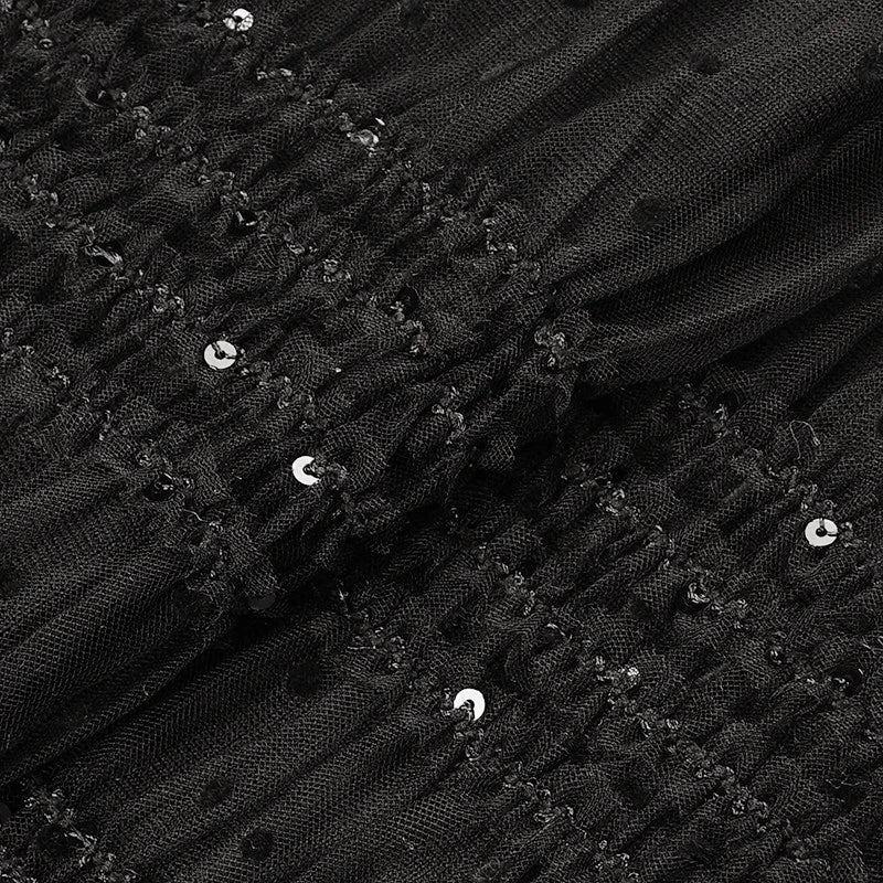 Noir Sequin Midi — Mesh Splicing Party Dress
