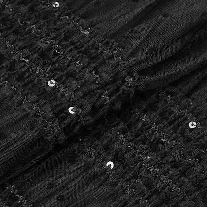 Noir Sequin Midi — Mesh Splicing Party Dress