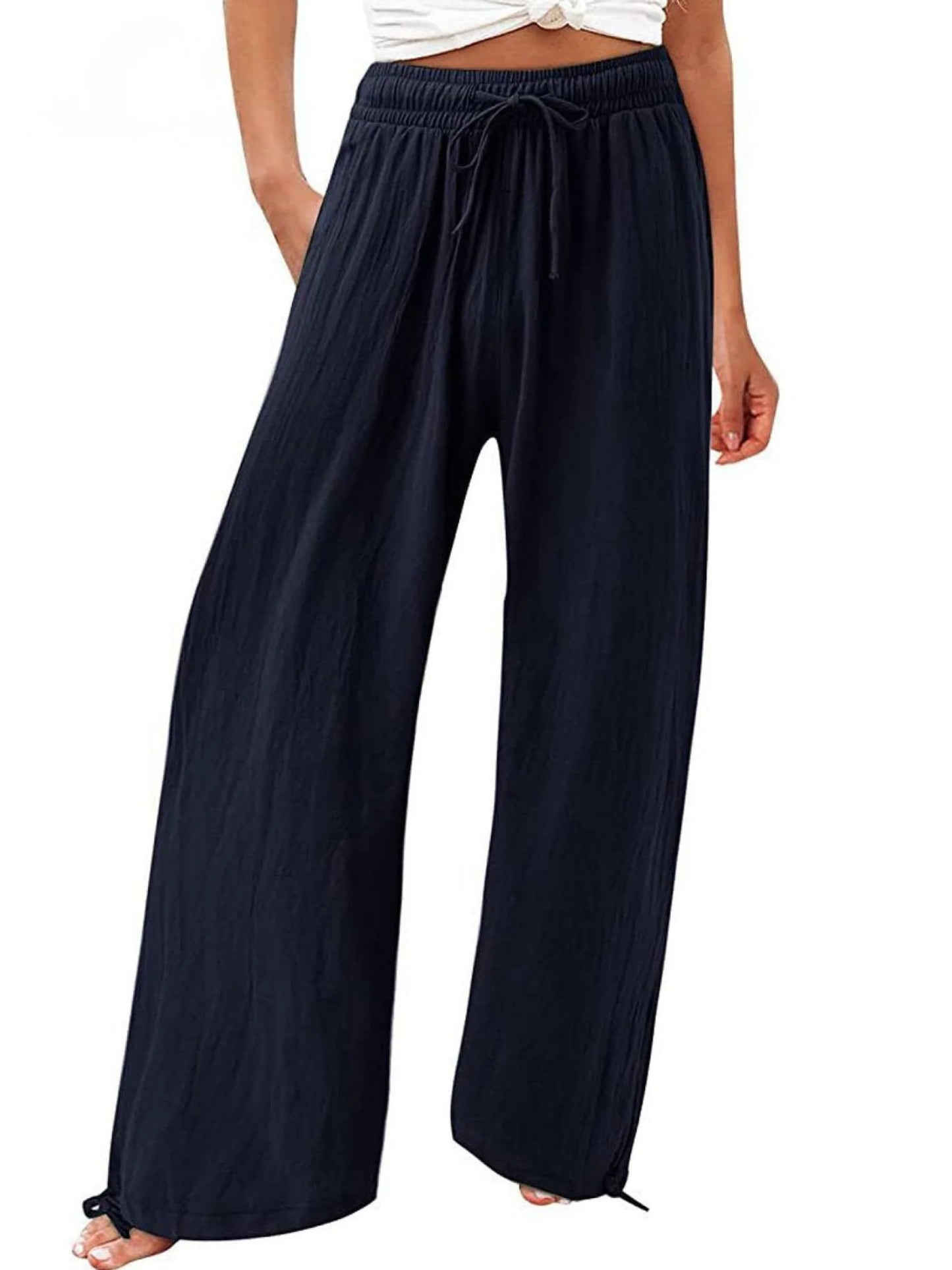 Women'S Linen Wide Leg Trousers High Waisted Drawstring Pants