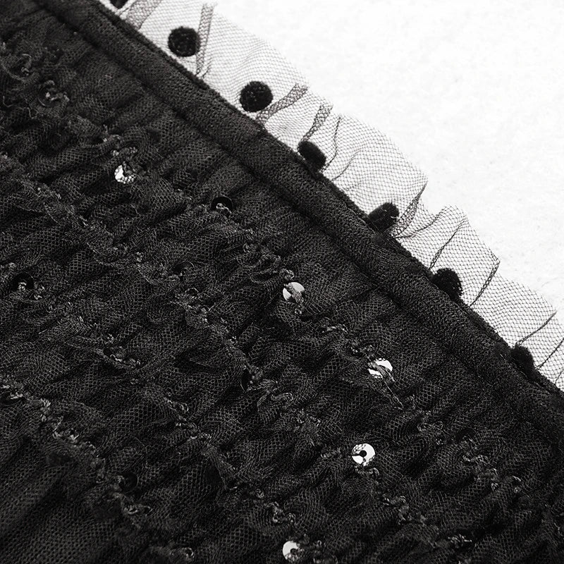Noir Sequin Midi — Mesh Splicing Party Dress