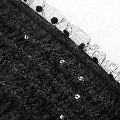 Noir Sequin Midi — Mesh Splicing Party Dress