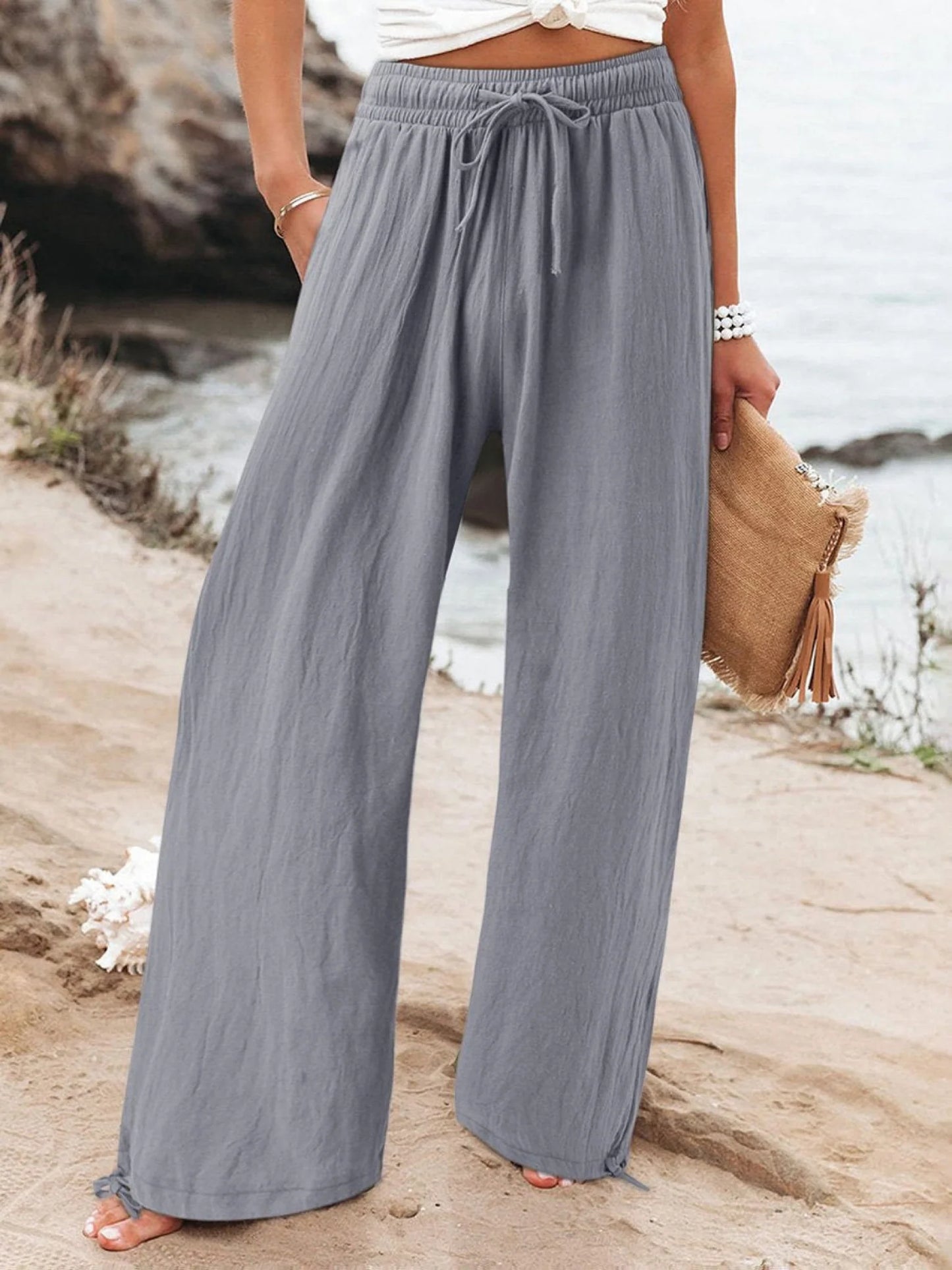 Women'S Linen Wide Leg Trousers High Waisted Drawstring Pants
