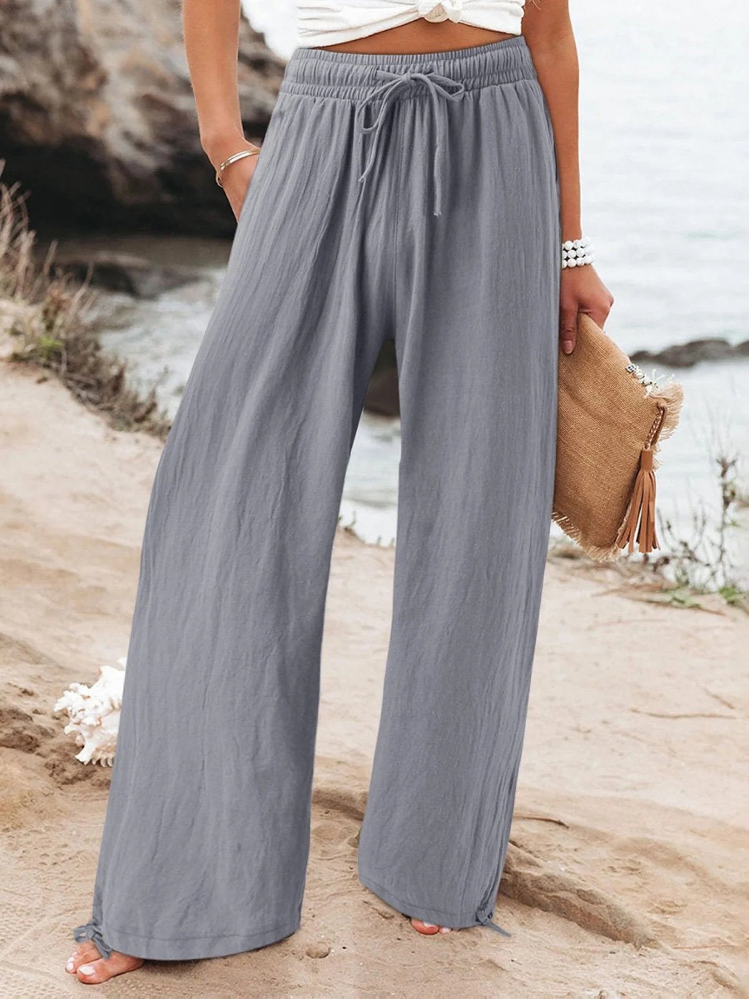Women'S Linen Wide Leg Trousers High Waisted Drawstring Pants