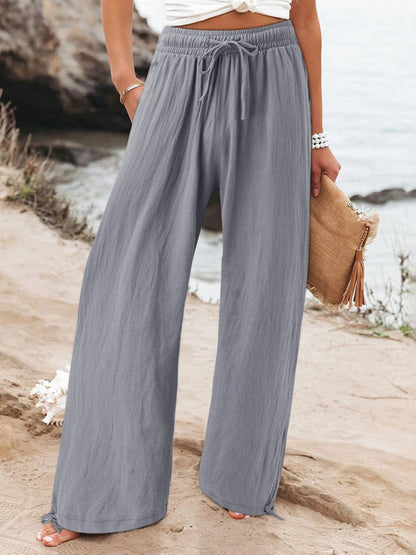 Women'S Linen Wide Leg Trousers High Waisted Drawstring Pants