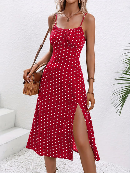 Women Floral Print Spaghetti Straps Summer Boho Beach Dress Elegant Suspenders Square Neck Slit Dress Vestidos