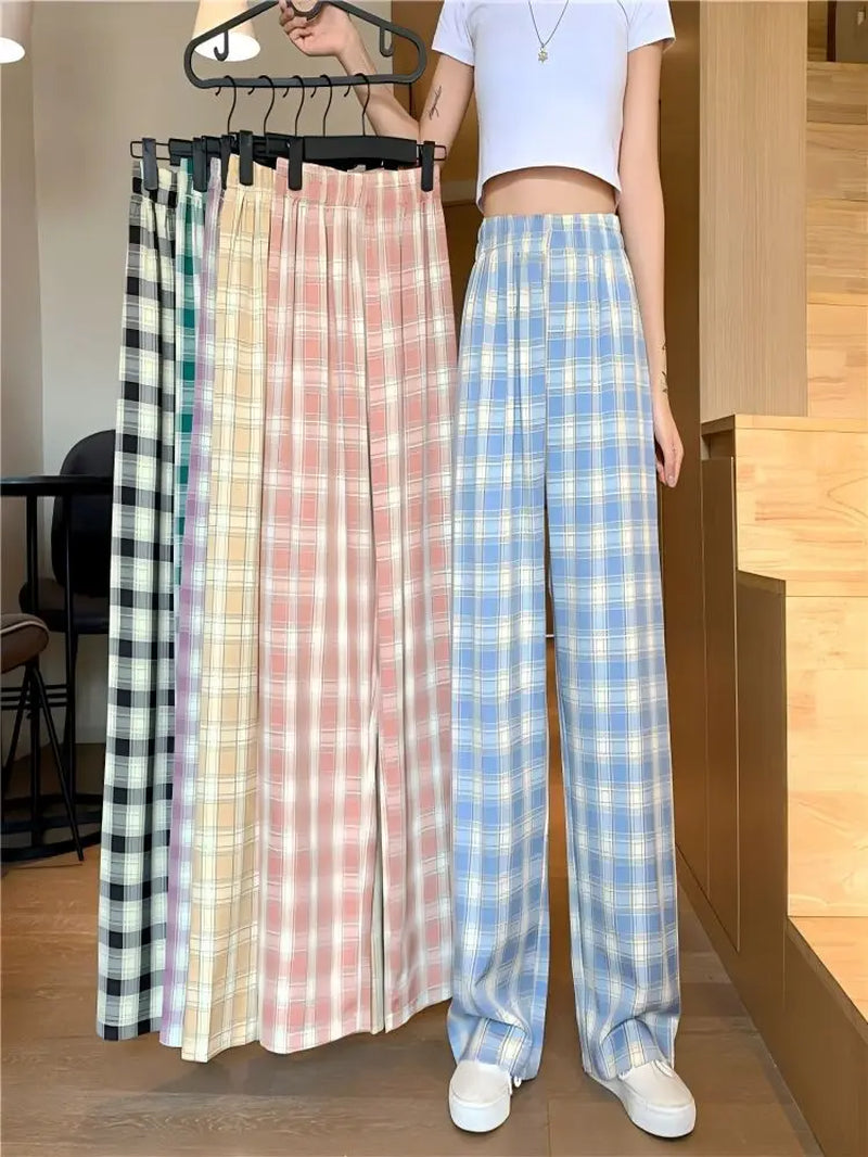 Plaid Pants Women Casual Loose Wide Leg Trousers Retro Straight Trousers Streetwear