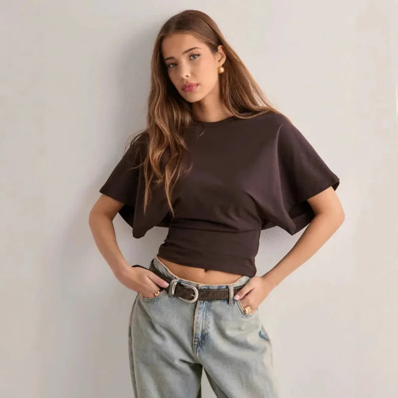 Women'S T-Shirts Crew Neck Ruched Waist Slim Fit Solid Color Casual Cropped Tee Summer Streetwear Basic Daily Wear Top