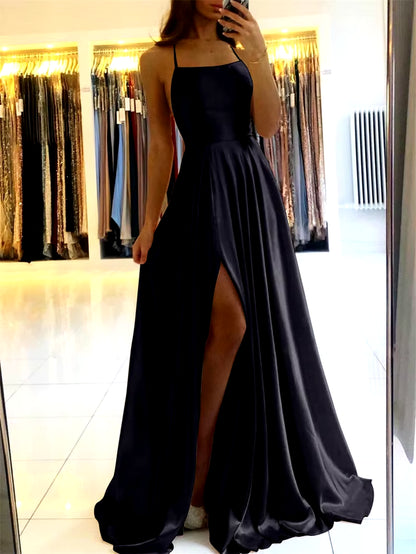 Burgundy Satin Maxi — Side-Slit Evening Dress