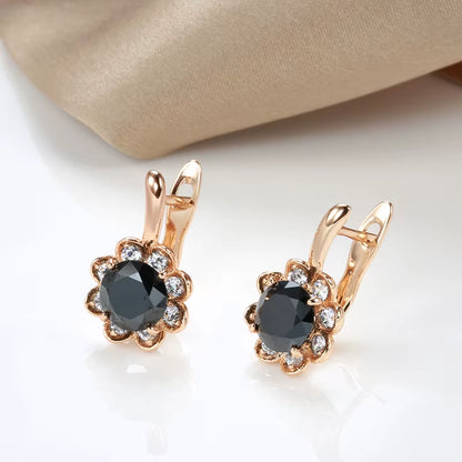 New 585 Rose Gold Pendant Earrings Center Inlay Black Zircon Flower Pierced Earrings Women Fashion