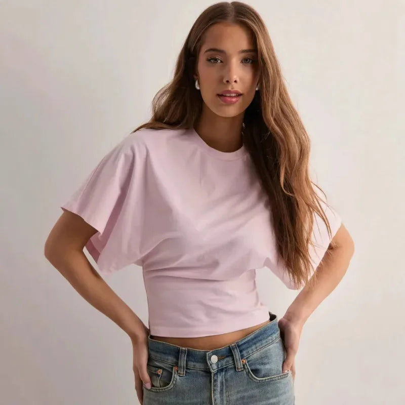 Women'S T-Shirts Crew Neck Ruched Waist Slim Fit Solid Color Casual Cropped Tee Summer Streetwear Basic Daily Wear Top