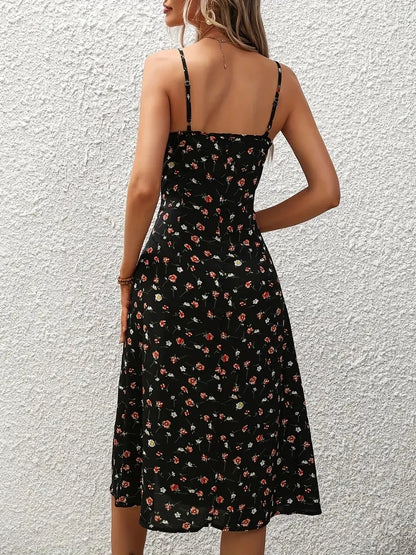 Women Floral Print Spaghetti Straps Summer Boho Beach Dress Elegant Suspenders Square Neck Slit Dress Vestidos